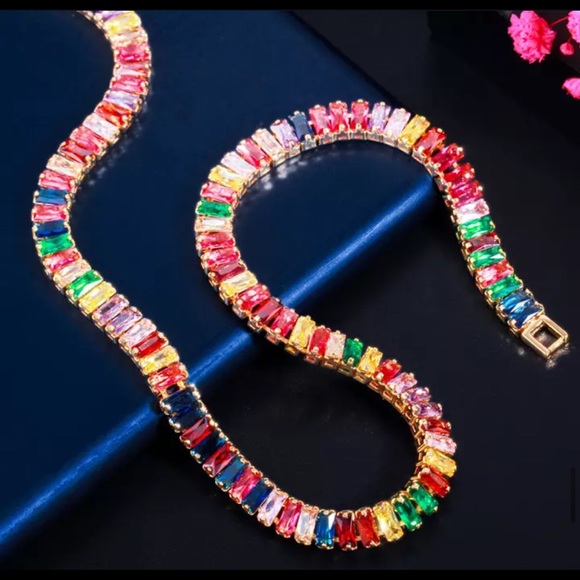 COPY - Pave Multiple Rainbow Rectangle Baguette Chain Link Gold Silver Chocker … - Picture 5 of 9